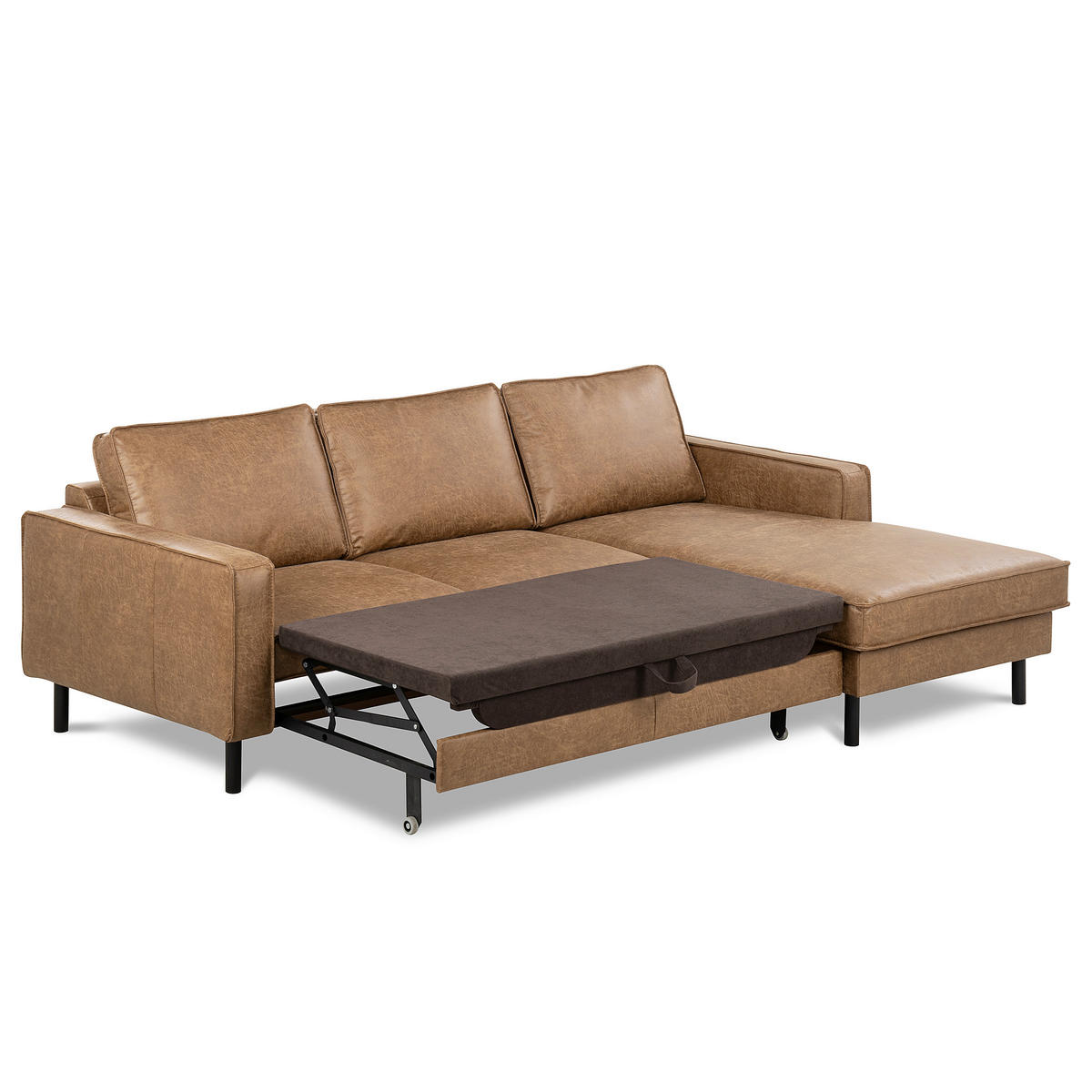 ECKSOFA Beige Echtleder Lederlook Bettkasten, Schlaffunktion, Rücken echt  - Beige/Schwarz, Design, Leder/Textil (166/238cm) - Livetastic
