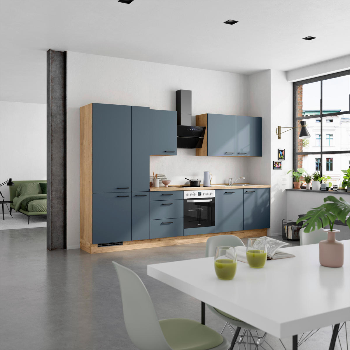KÜCHENBLOCK Easytouch 330 cm  in Eichefarben, Dunkelblau  - Eichefarben/Schwarz, MODERN, Holzwerkstoff/Metall (330cm) - Nobilia