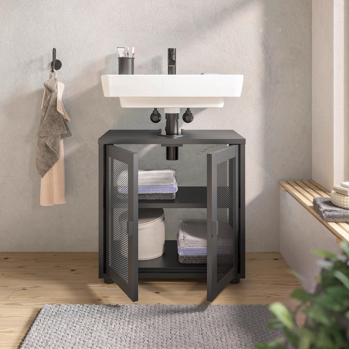 WASCHBECKENUNTERSCHRANK 60/60/33 cm  - Schwarz, Design, Kunststoff/Metall (60/60/33cm) - home24