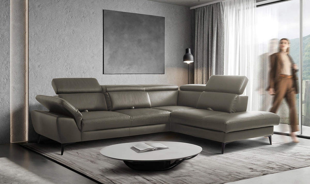 ECKSOFA  in Lederlook Echtleder Schlammfarben  - Schlammfarben/Schwarz, Design, Leder/Textil (274/220cm) - Livetastic