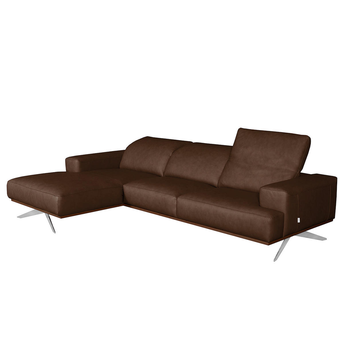 ECKSOFA Dunkelbraun Echtleder Rücken echt, Kopfteilverstellung  - Chromfarben/Dunkelbraun, Design, Leder/Metall (187/295cm) - Livetastic