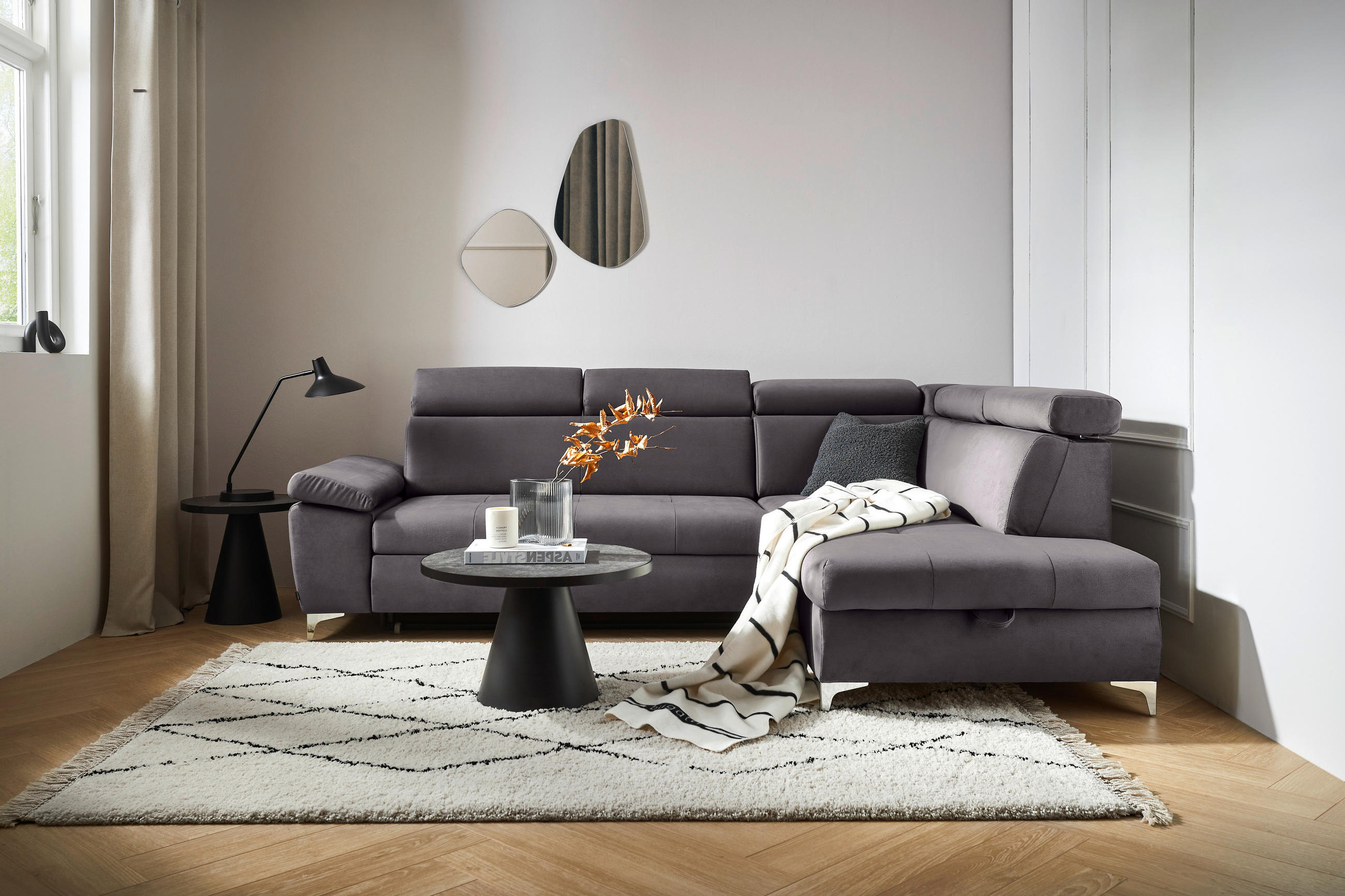 ECKSOFA Grau Samt  - Chromfarben/Grau, KONVENTIONELL, Textil/Metall (271/206cm) - Carryhome