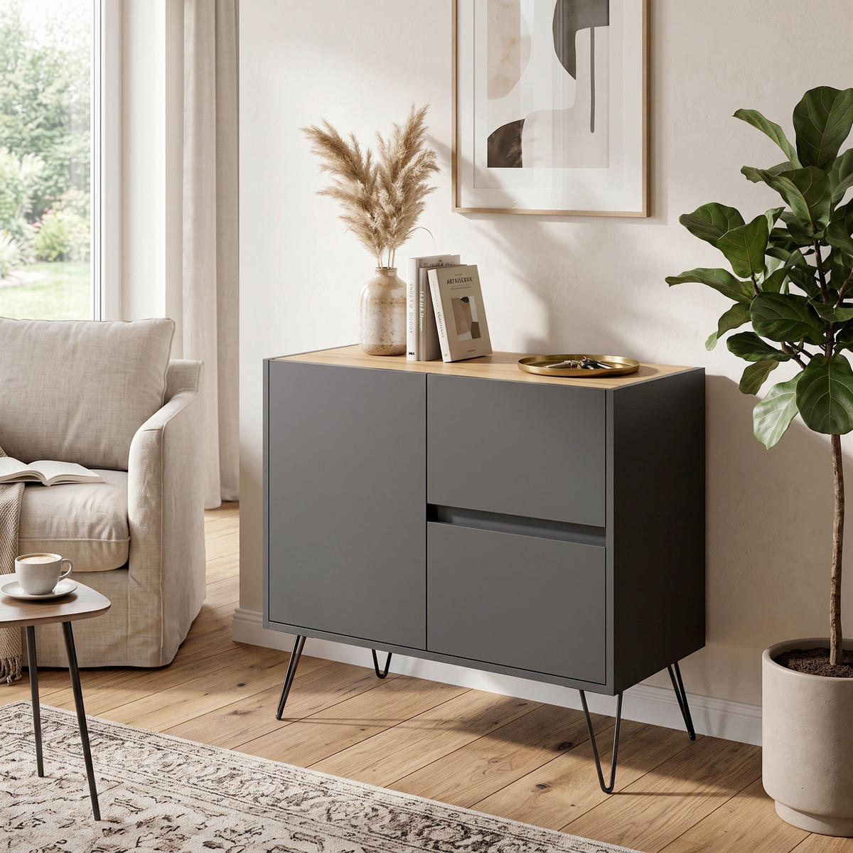 SIDEBOARD Posseik Industrial 79/75,8/42 cm 2 Schublade(n)  - Eichefarben/Graphitfarben, Design, Holzwerkstoff/Metall (79/75,8/42cm) - MID.YOU