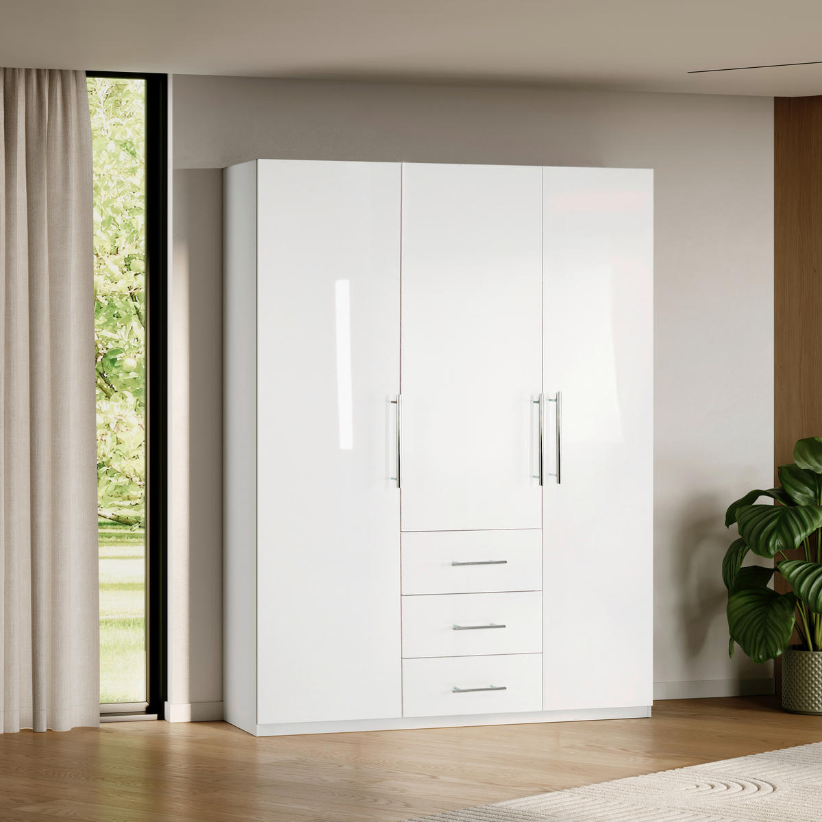 KLEIDERSCHRANK 147/219/59 cm 3-türig Weiß Hochglanz, Weiß  - Weiß Hochglanz/Alufarben, KONVENTIONELL, Holzwerkstoff/Metall (147/219/59cm) - Carryhome
