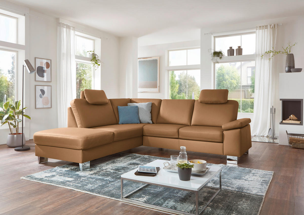 ECKSOFA  in Echtleder Hellbraun  235/248 cm  - Hellbraun/Alufarben, Design, Leder/Metall (235/248cm) - Beldomo Premium