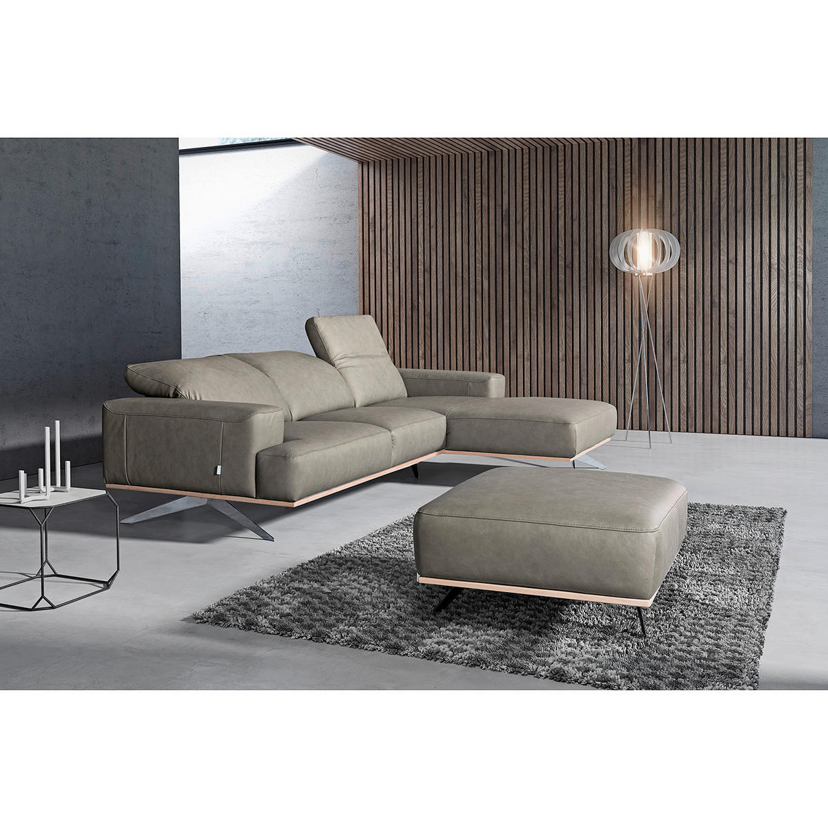 HOCKER Echtleder Grau  - Chromfarben/Grau, Design, Leder/Metall (95/46/80cm) - Livetastic
