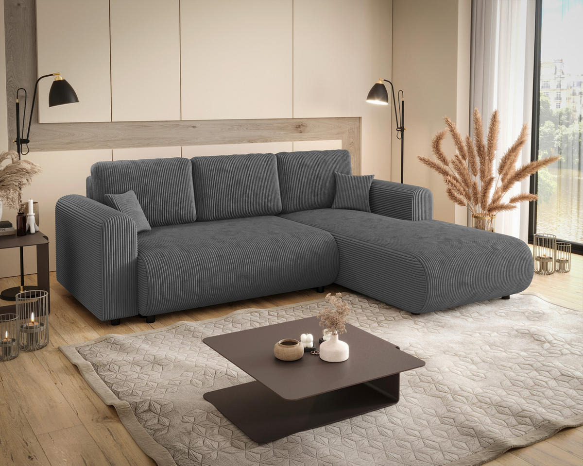 ECKSOFA inkl. Funktionen Dunkelgrau Cord  - Dunkelgrau/Schwarz, KONVENTIONELL, Kunststoff/Textil (260/200cm) - Xora