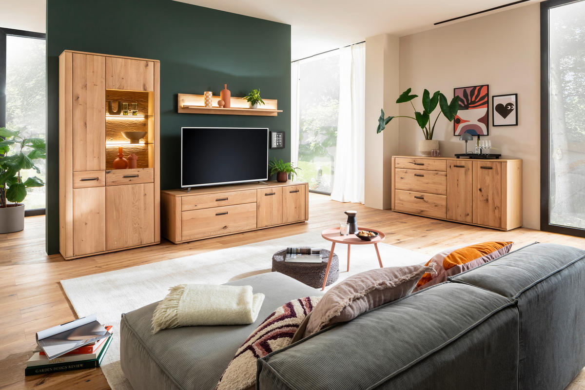 WOHNWAND  in Eichefarben 302/208/50 cm  - Eichefarben/Anthrazit, Konventionell, Glas/Holz (302/208/50cm) - Cantus