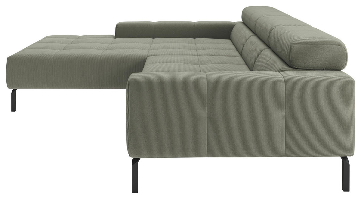 ECKSOFA Graugrün Feincord Rücken echt, Kopfteilverstellung, Sitztiefenverstellung  - Schwarz/Graugrün, KONVENTIONELL, Textil/Metall (226/293cm) - Hom`in