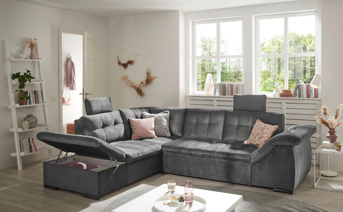 ECKSOFA in Mikrovelours Grau  - Schwarz/Grau, Konventionell, Kunststoff/Textil (217/283cm) - MID.YOU