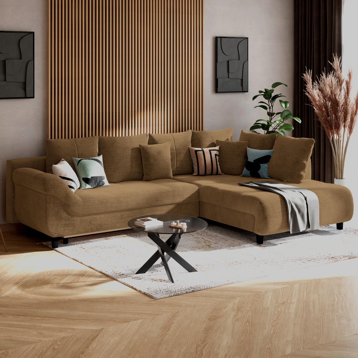 ECKSOFA MENDOZA NEW Rostfarben Chenille, Struktur Zierkissen, Rückenkissen, Bettkasten  - Rostfarben/Schwarz, KONVENTIONELL, Textil (309/197cm) - MID.YOU