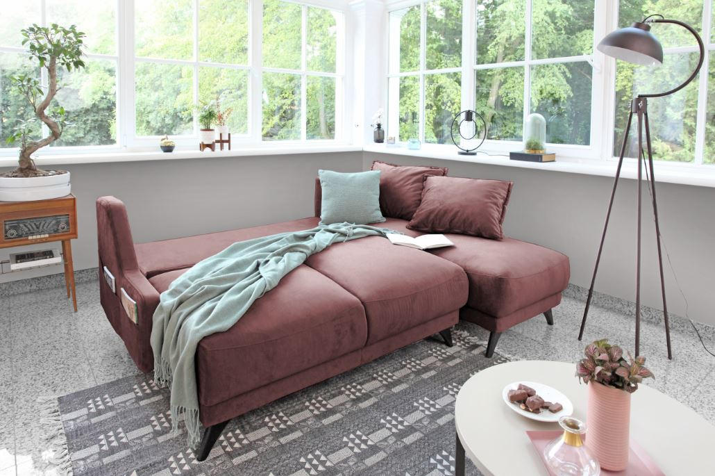 ECKSCHLAFSOFA Koralle Velours - Koralle/Altrosa, Basics, Holz/Textil (225/80/90/155cm) - MID.YOU