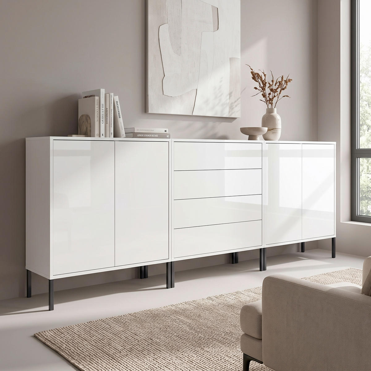 SIDEBOARD Mailand Set 5 + MF 237/86/33 cm 4 Schublade(n)  - Weiß Hochglanz/Anthrazit, MODERN, Holzwerkstoff/Metall (237/86/33cm) - MID.YOU
