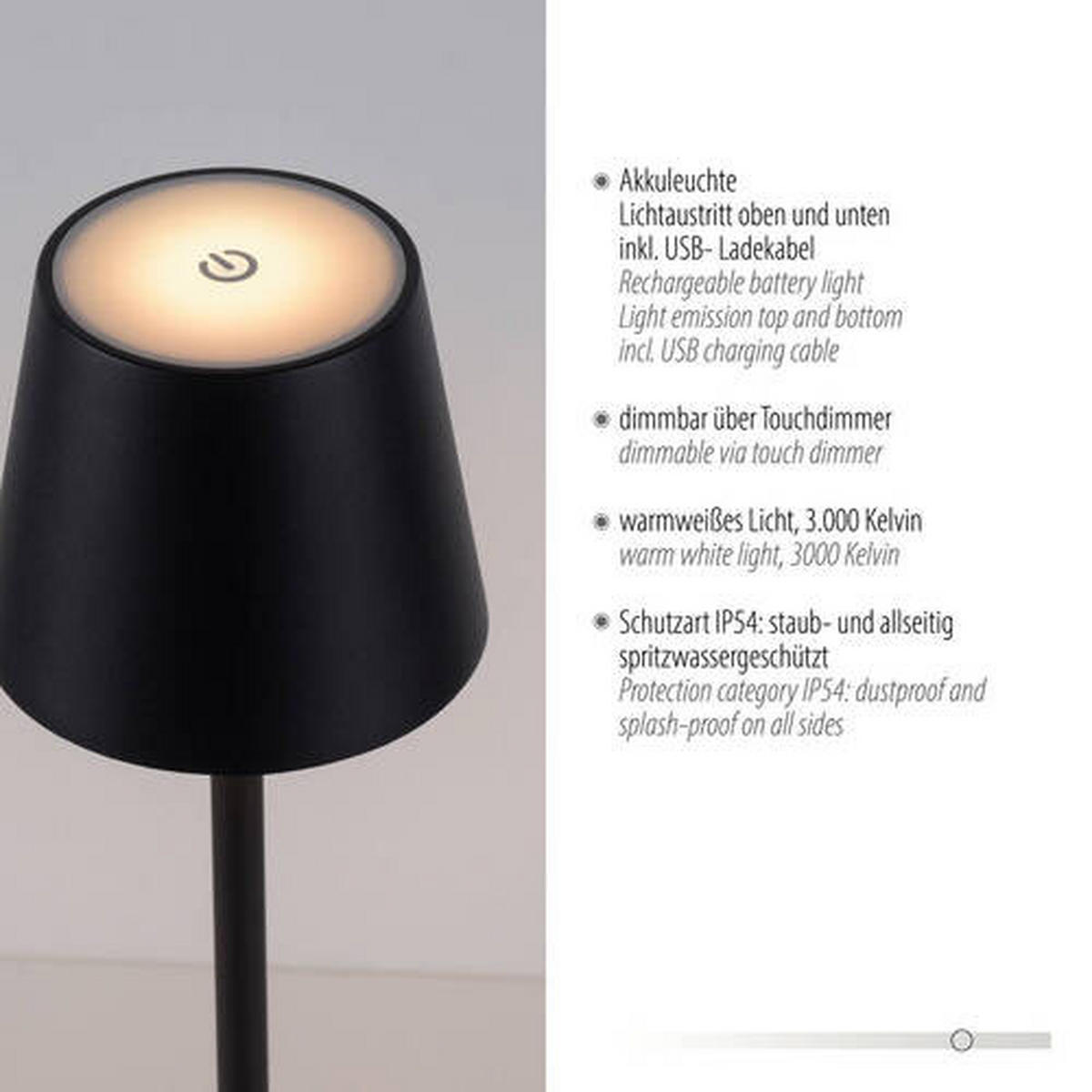 AKKU-STEHLEUCHTE 16/16/125 cm    - Schwarz, Design, Kunststoff/Metall (16/16/125cm)