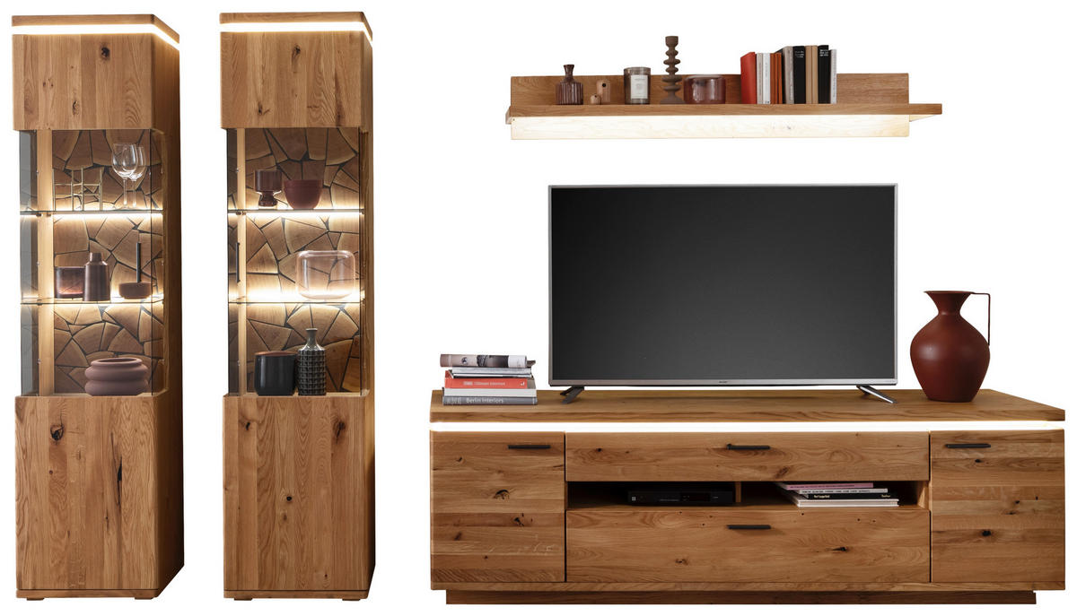 WOHNWAND 4-teilig  Eichefarben 340/204/50 cm  LED-Leuchtmittel   - Eichefarben/Schwarz, Natur, Glas/Holz (340/204/50cm) - Linea Natura