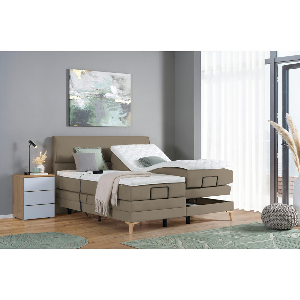 Thumbnail - Voleo Boxspringbett, Graubraun, Textil, Eiche, massiv, H2 + H3, 7-Zonen, Höhe ca. 19 cm, 200x200 cm, Über- und Sondergrö...
