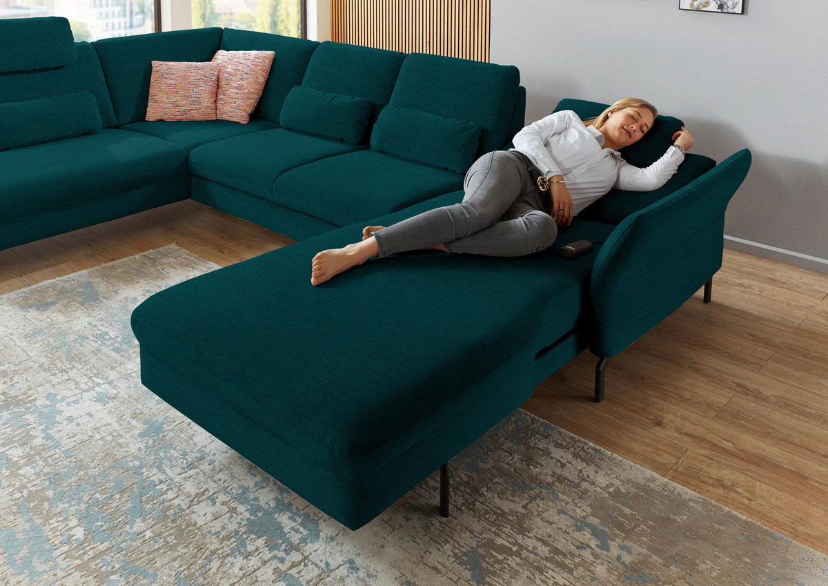 WOHNLANDSCHAFT in Velours Petrol  - Petrol/Schwarz, Design, Textil/Metall (220/335/179cm) - Beldomo System