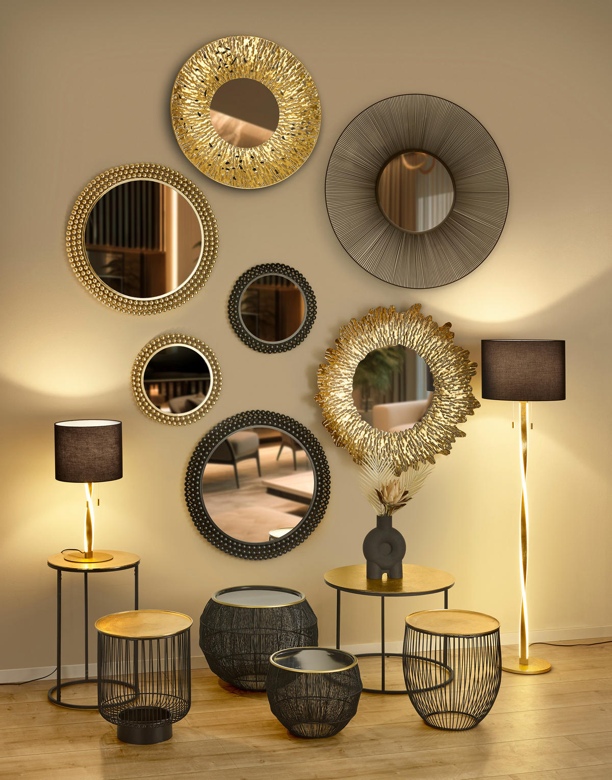 BEISTELLTISCH 43/43/42 cm Schwarz, Goldfarben rund - Einrichtungsbeispiel