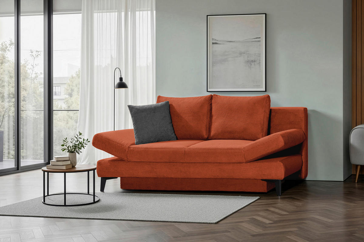 SCHLAFSOFA Cord Rostfarben  inkl. Bettkasten, Schlaffunktion, Armteilverstellung  - Rostfarben/Schwarz, Design, Textil/Metall (200/85/90cm) - Novel
