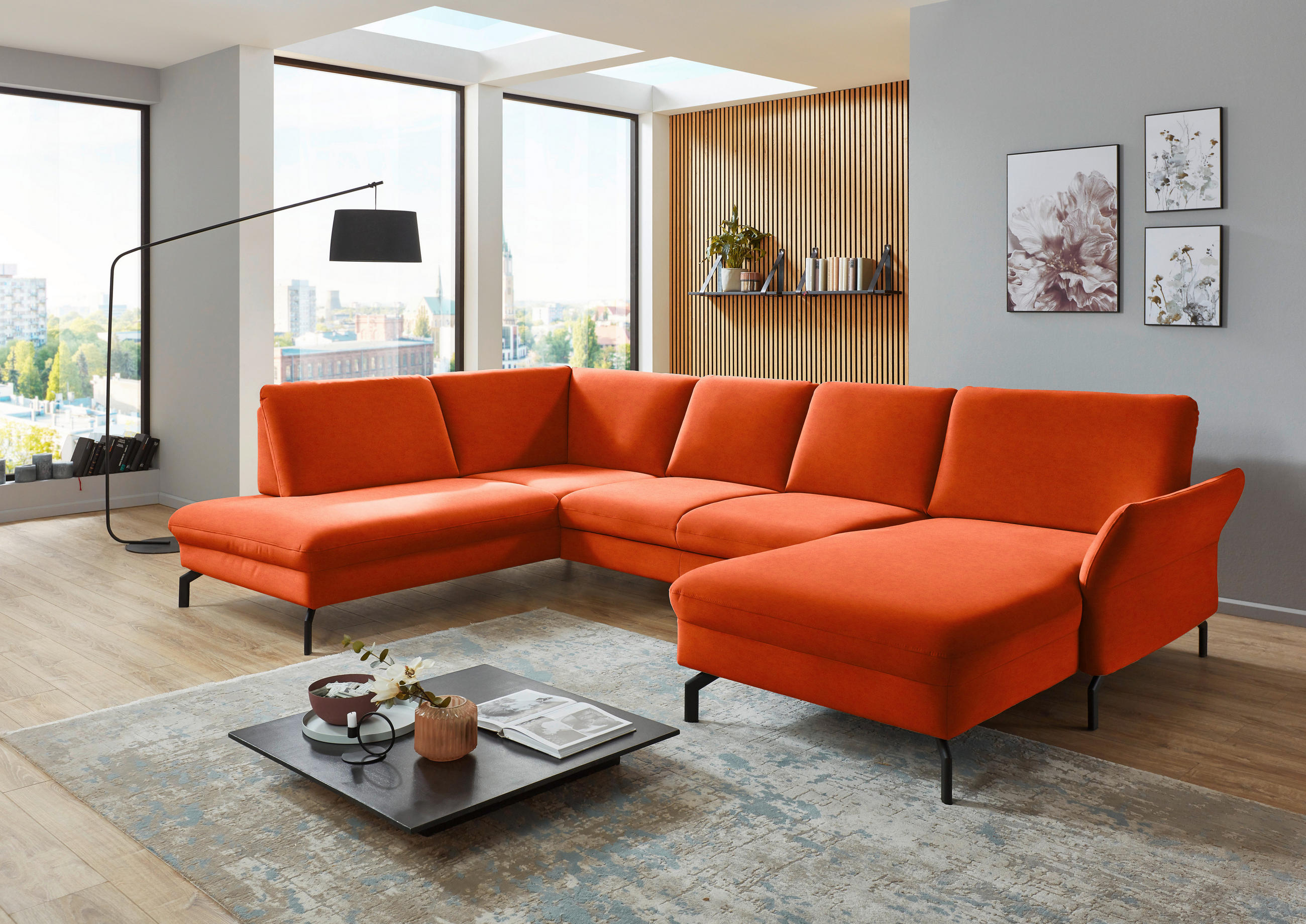 WOHNLANDSCHAFT in Velours Orange  - Schwarz/Orange, Design, Textil/Metall (220/335/179cm) - Beldomo System