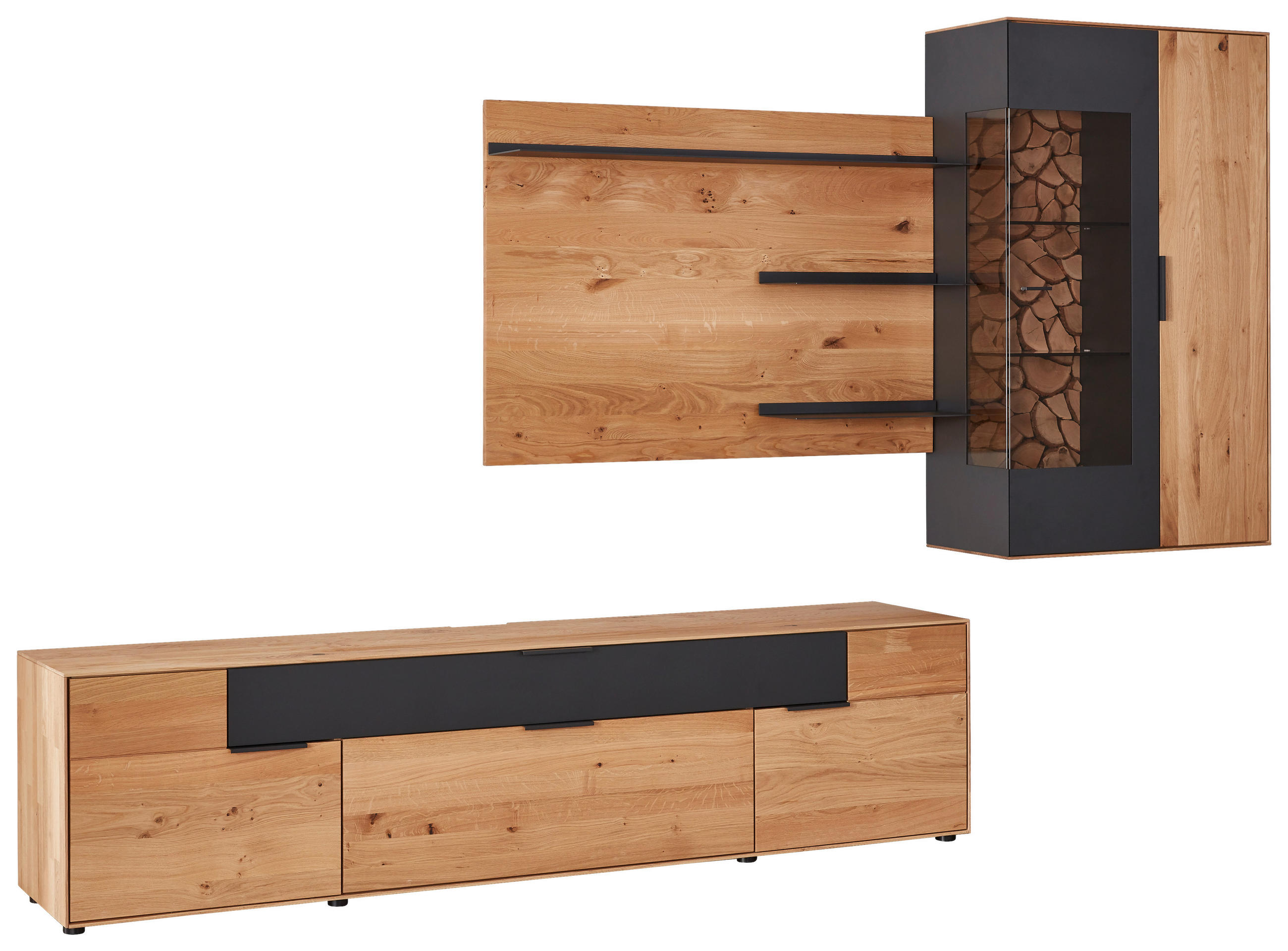 Thumbnail - Valdera Wohnwand, Schwarz, Eiche, Metall, Wildeiche, massiv, 6,3 Fächer, 1 Schublade(n) Schubladen, 305.4x193.8x45.2 cm,...