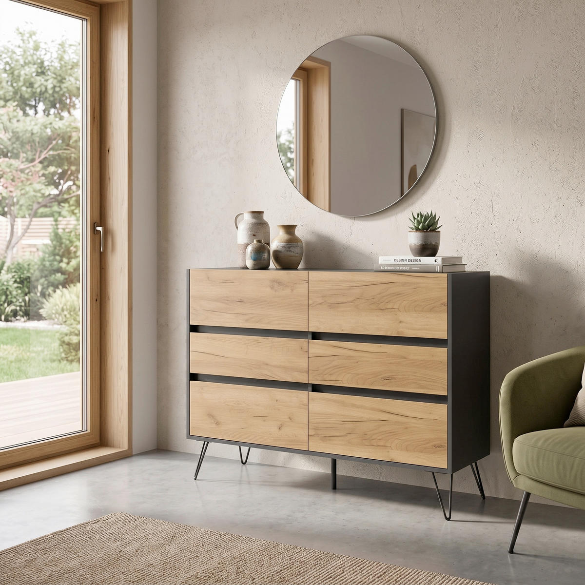 SIDEBOARD Posseik Industrial 120/93,6/42 cm 6 Schublade(n)  - Eichefarben/Graphitfarben, Design, Holzwerkstoff/Metall (120/93,6/42cm) - MID.YOU