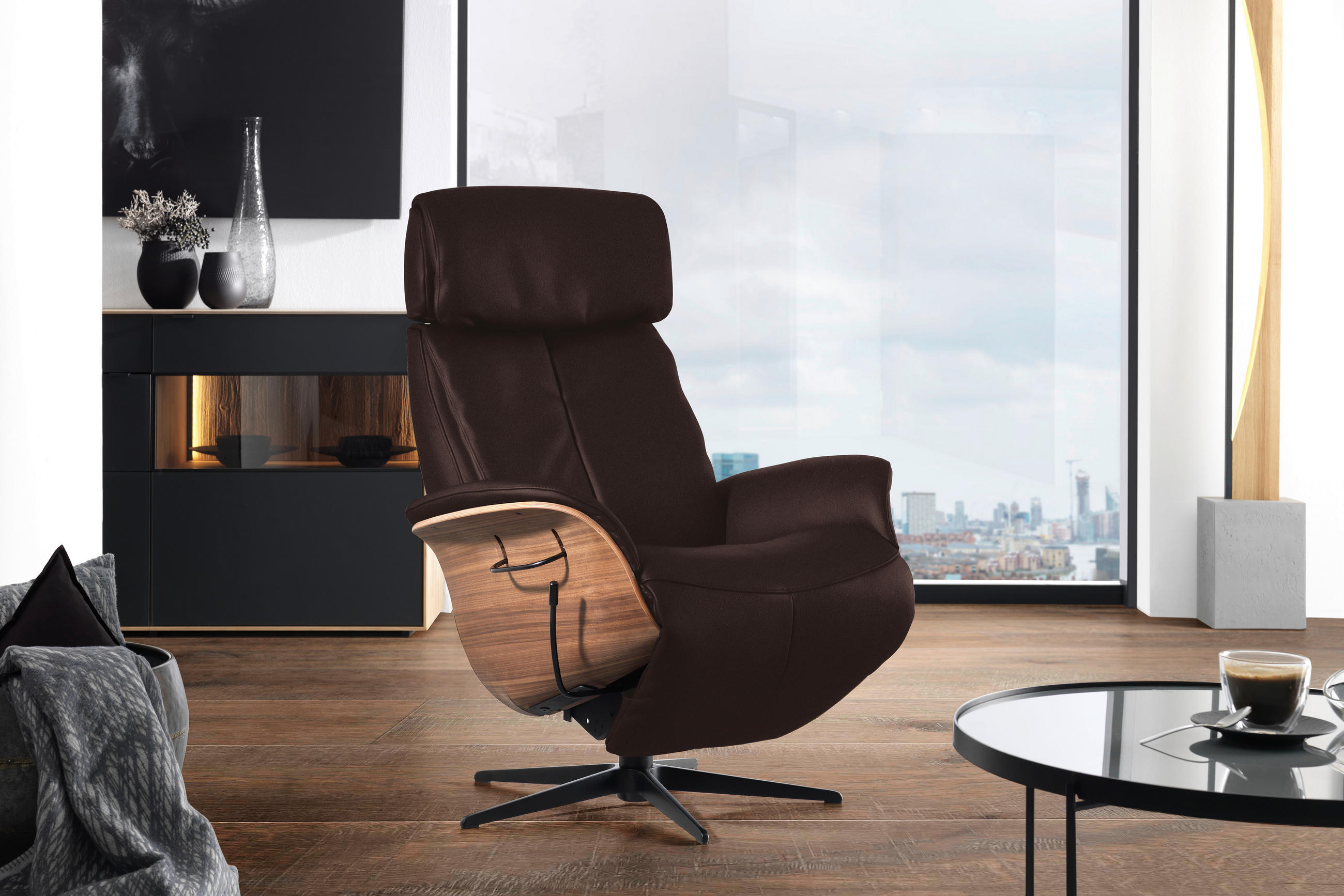 RELAXSESSEL Echtleder Relaxfunktion, Kopfteilverstellung    - Dunkelbraun/Nussbaumfarben, Design, Leder/Holz (78/104-113/84cm) - Welnova
