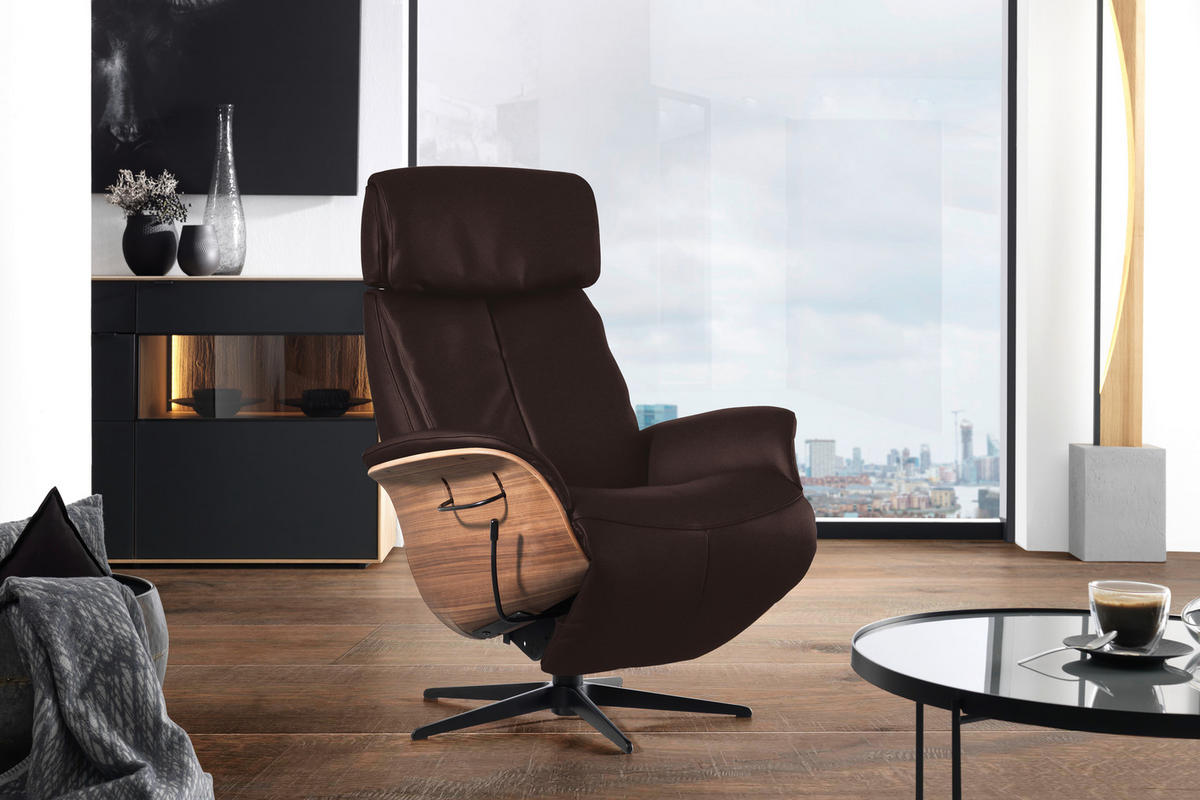 RELAXSESSEL in Leder Dunkelbraun  - Dunkelbraun/Nussbaumfarben, Design, Leder/Holz (78/104-113/84cm) - Welnova