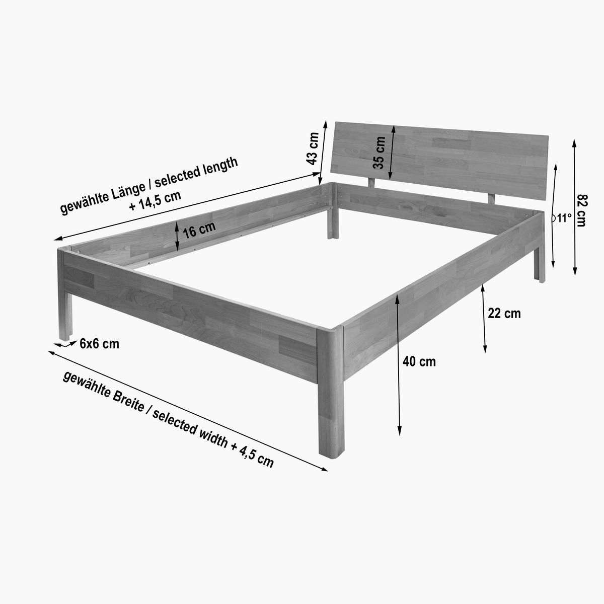 BETT 120/200 cm  in Kernbuche  - Kernbuche, Natur, Holz (120/200cm) - P & B