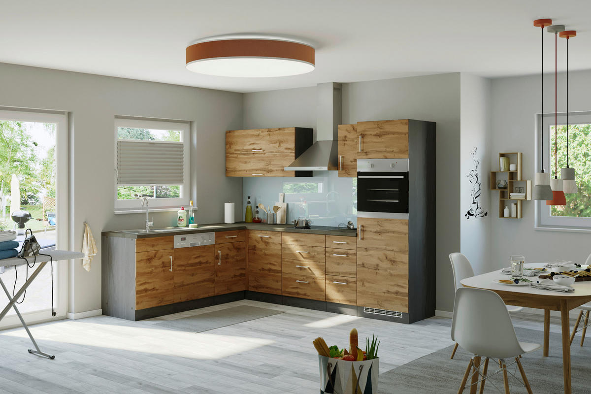 ECKKÜCHE 210/270 cm  in Graphitfarben, Schieferfarben, Eiche Wotan  - Chromfarben/Schieferfarben, MODERN, Holzwerkstoff/Metall (210/270cm) - Held