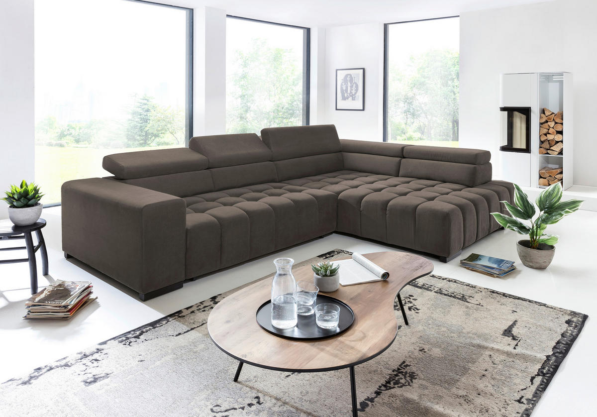 ECKSCHLAFSOFA in Braun Textil   - Schwarz/Braun, Design, Holz/Textil (307/201cm) - Livetastic