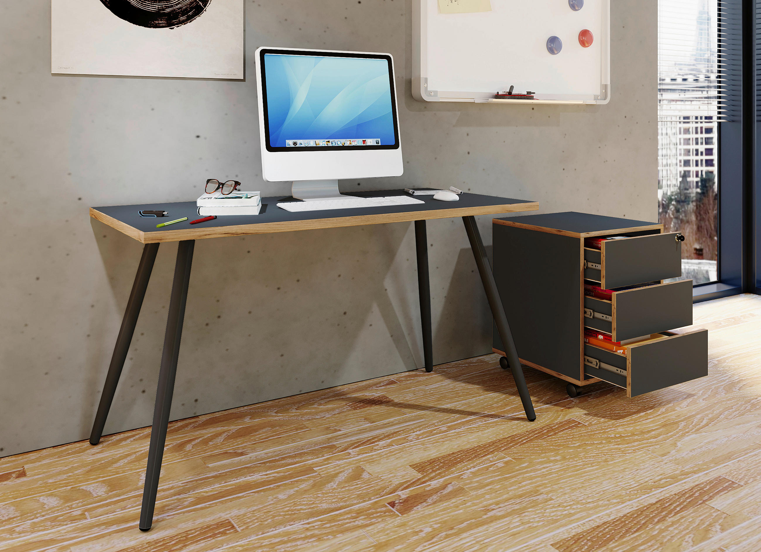 SCHREIBTISCH 137/80/70 cm in Weiss, Honigeiche - Honigeiche/Weiss, Design, Holzwerkstoff/Metall (137/80/70cm) - MID.YOU