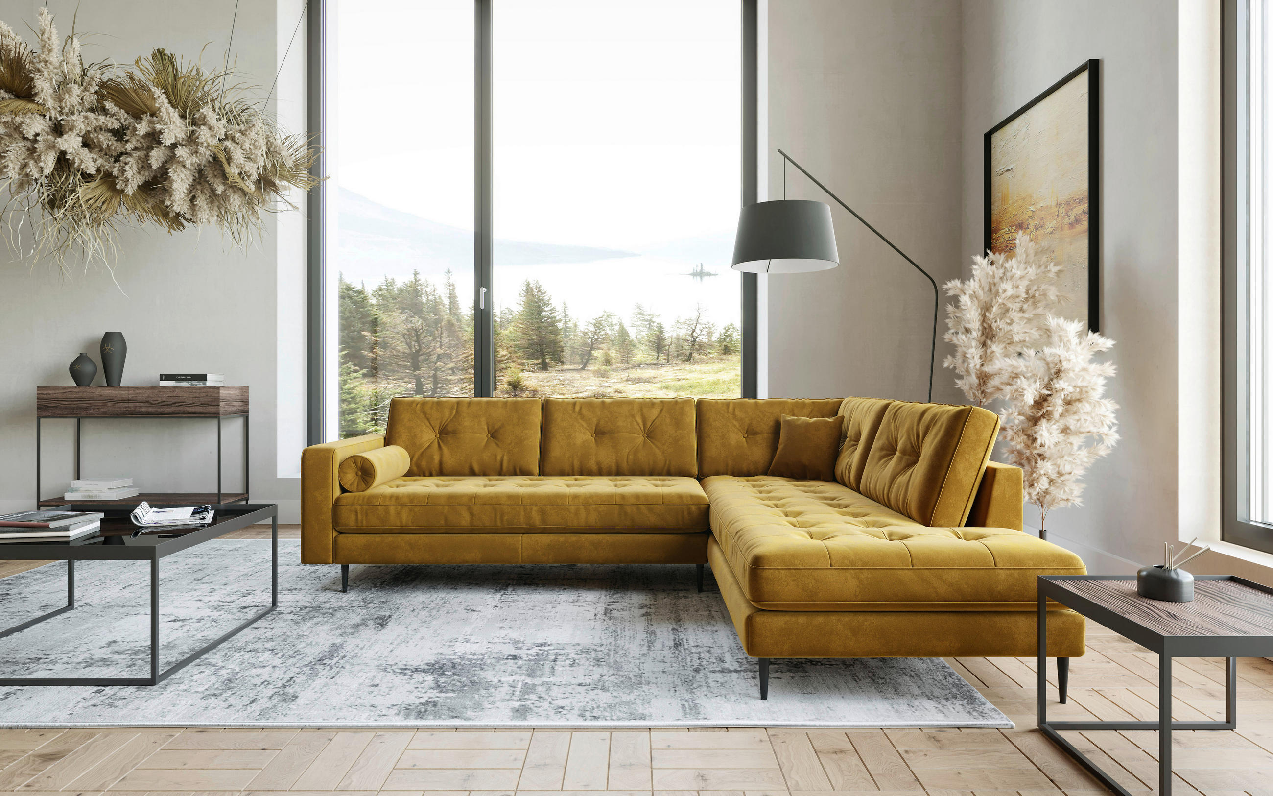 HÖRNSOFFA i flatväv senapsgul  - stålfärgad/senapsgul, Design, metall/textil (205/259cm) - Livetastic