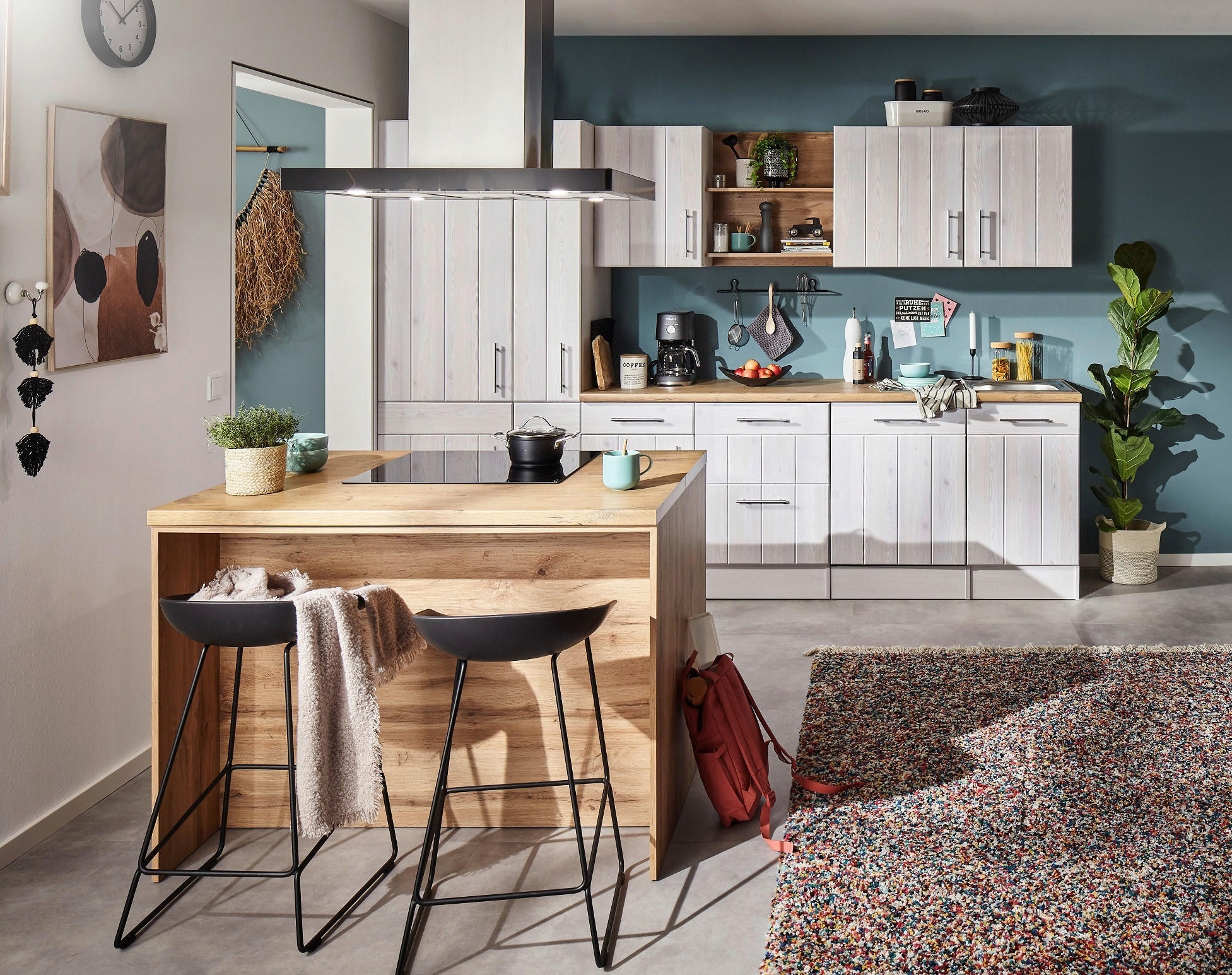 KÜCHENBLOCK 310-124 cm in Weiß, Lärchefarben - Wildeiche/Edelstahlfarben, LIFESTYLE, Holzwerkstoff/Metall (310-124cm) - Respekta