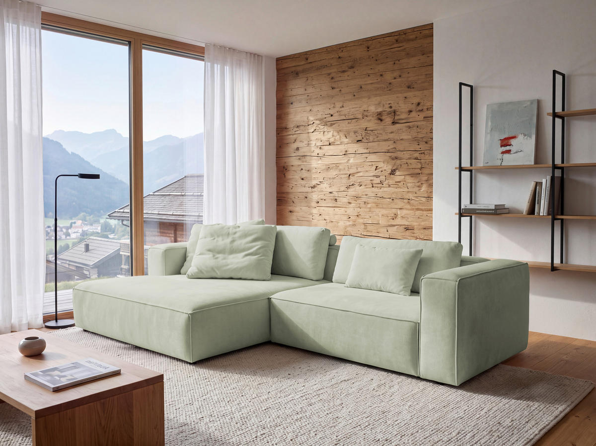 ECKSOFA Hellgrün Chenille Rücken echt  - Schwarz/Hellgrün, MODERN, Kunststoff/Textil (185/296cm) - Hom`in