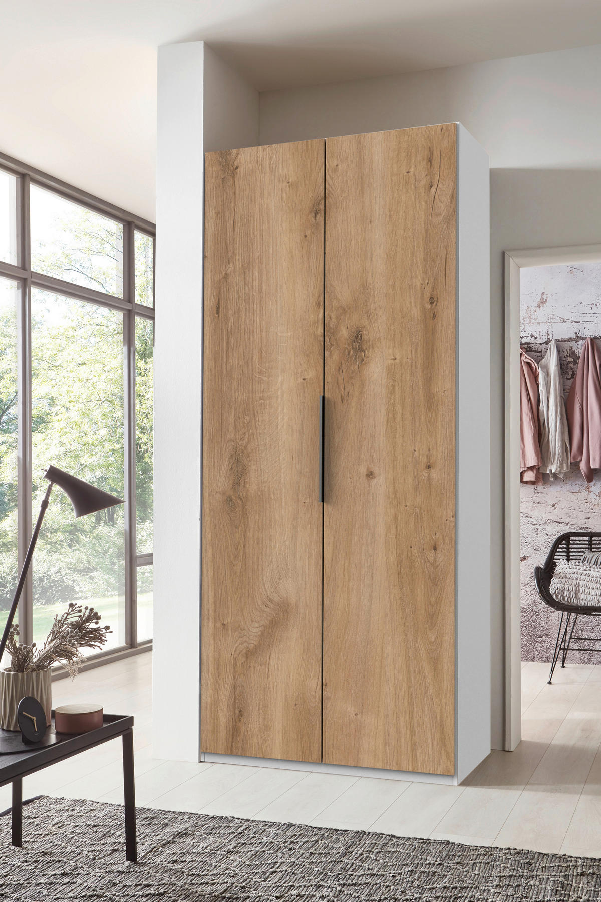 DREHTÜRENSCHRANK Weiss, Plankeneiche  - Chromfarben/Weiss, Modern, Holzwerkstoff/Metall (100/216/58cm) - MID.YOU