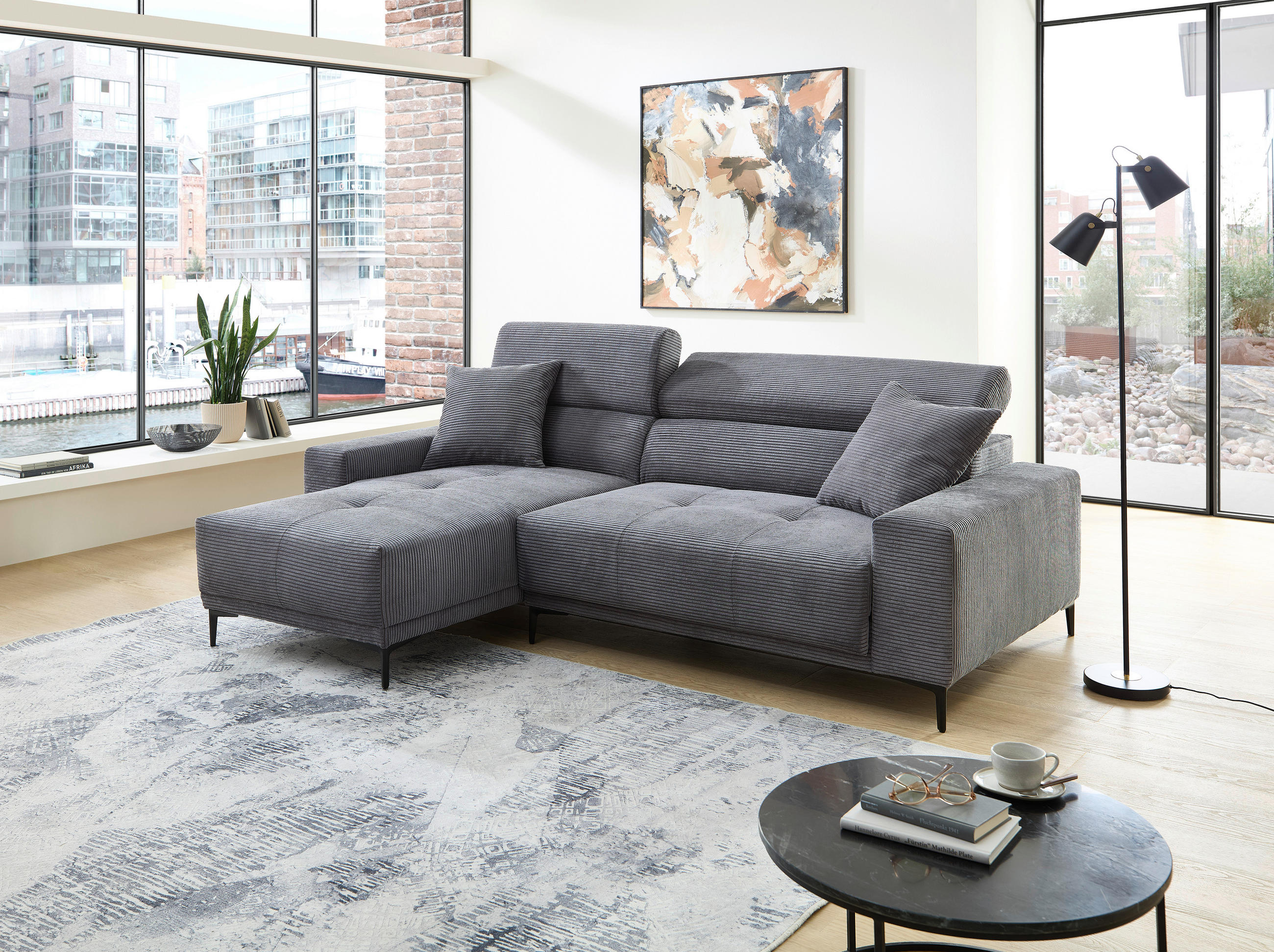 ECKSOFA Cord Grau  - Schwarz/Grau, Basics, Textil/Metall (183/250cm) - Livetastic