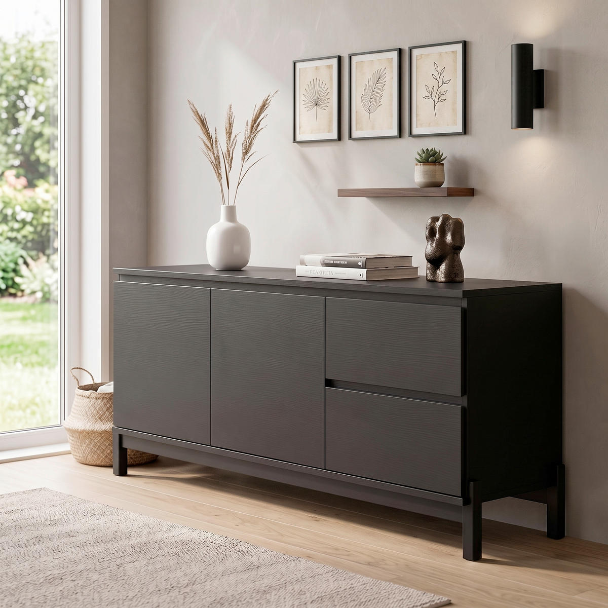 SIDEBOARD  135/56/40 cm 2 Schublade(n)  - Schwarz, Design, Holzwerkstoff/Metall (135/56/40cm) - Livetastic