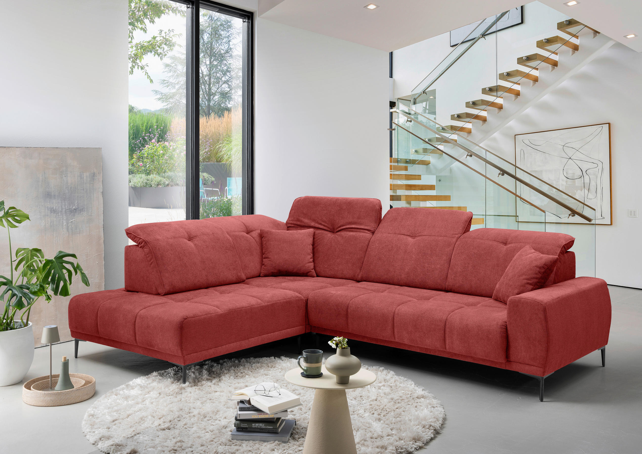 ECKSOFA Chenille Rot  - Rot/Schwarz, Basics, Textil/Metall (232/305cm) - Livetastic