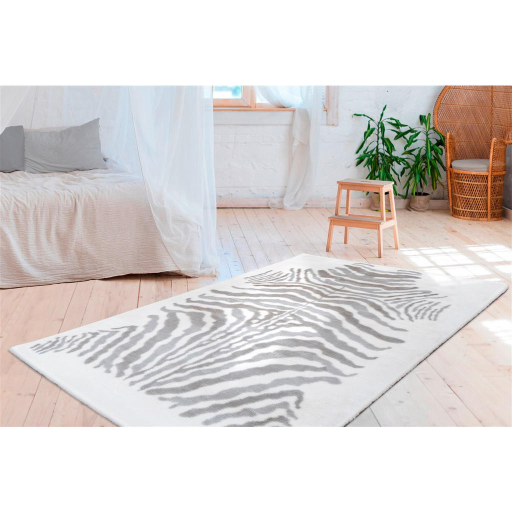 Thumbnail - Hochflorteppich Rabbit Animal Grau / Weiß, Grau, Weiß, Textil, Animalprint, rechteckig, 120x160 cm, pflegeleicht, Teppic...