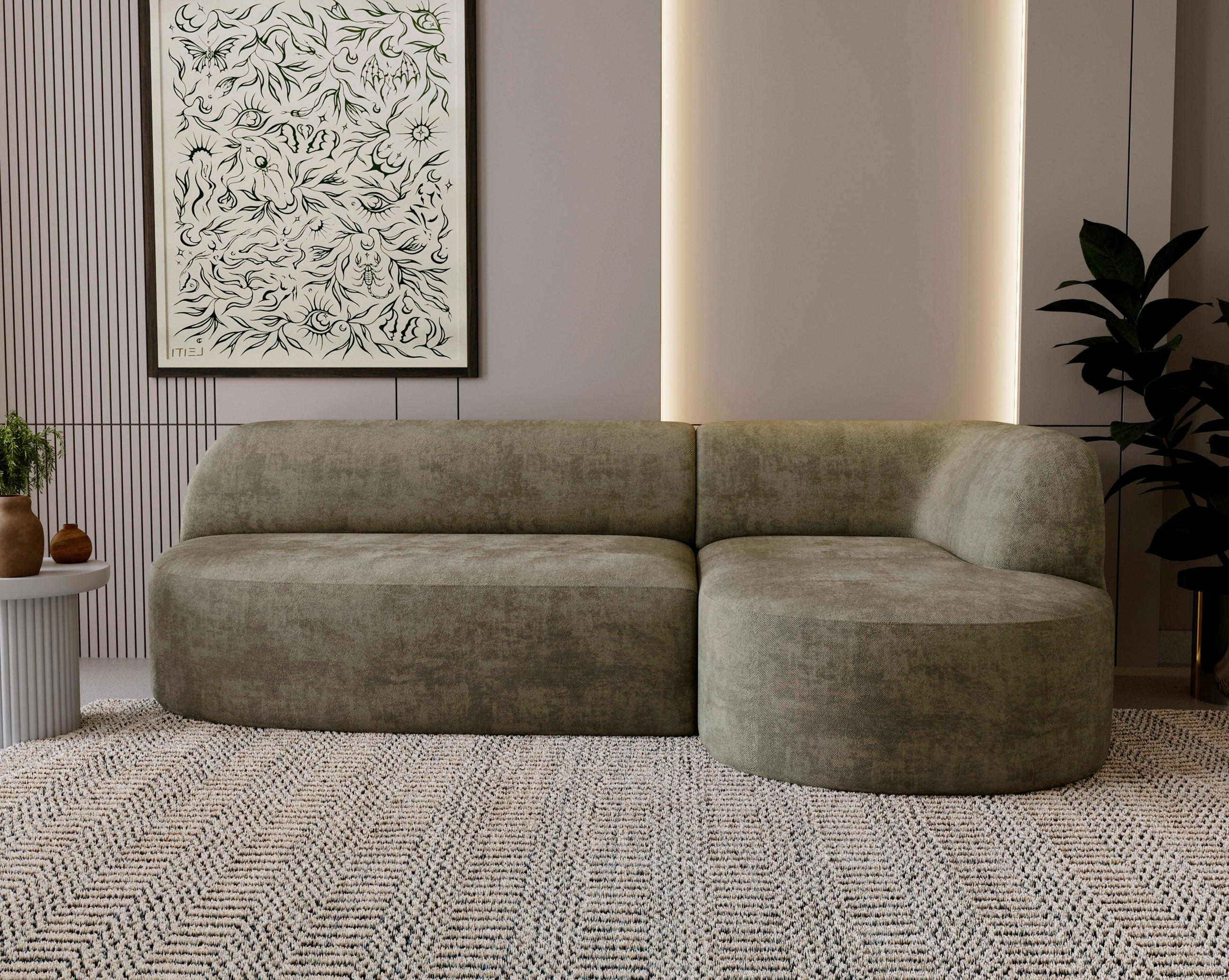ECKSOFA Chenille Grün  - Schwarz/Grün, Design, Kunststoff/Textil (218/156cm) - Livetastic