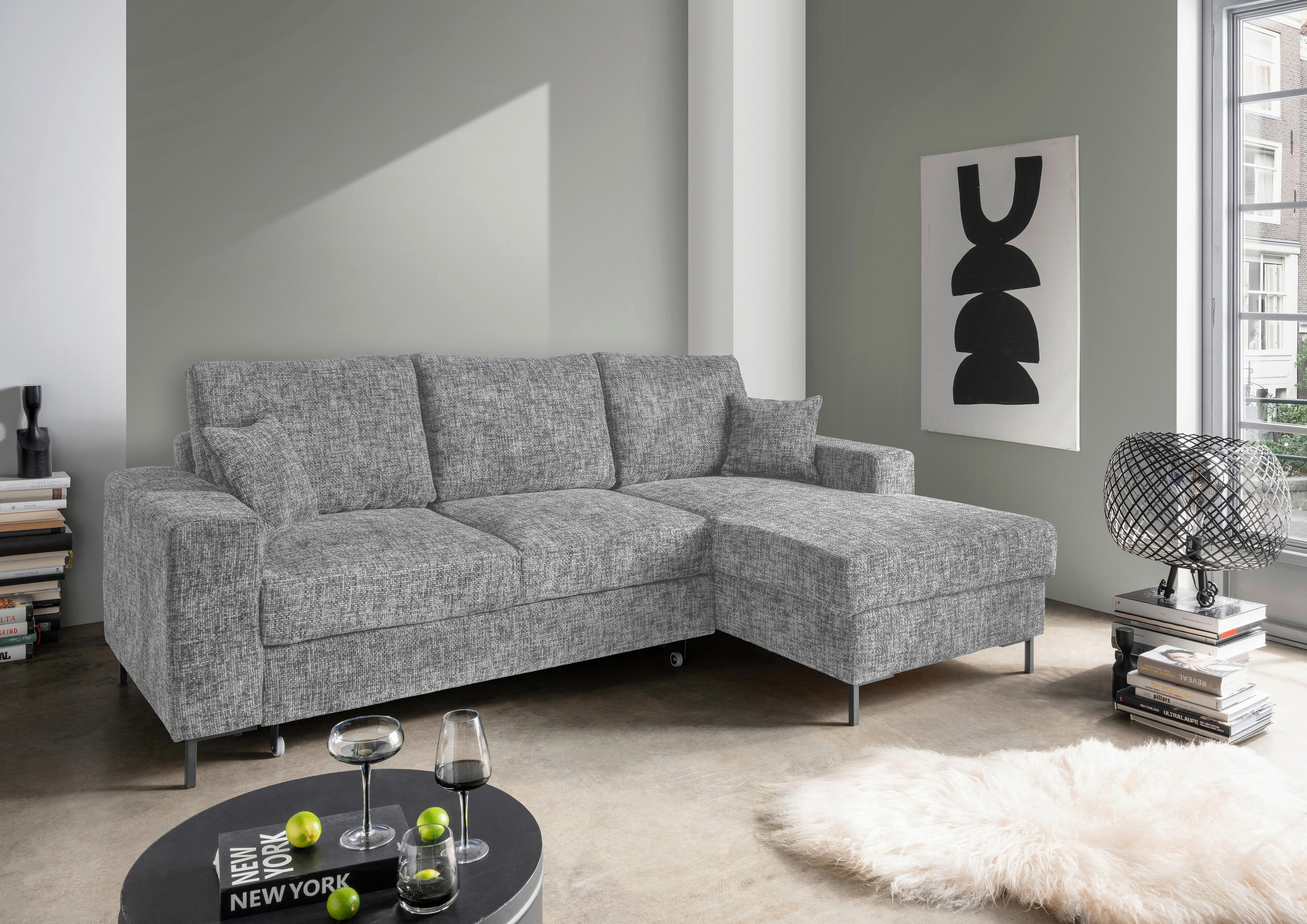 ECKSCHLAFSOFA in Struktur Silberfarben  - Silberfarben/Schwarz, KONVENTIONELL, Textil/Metall (237/143cm) - Livetastic