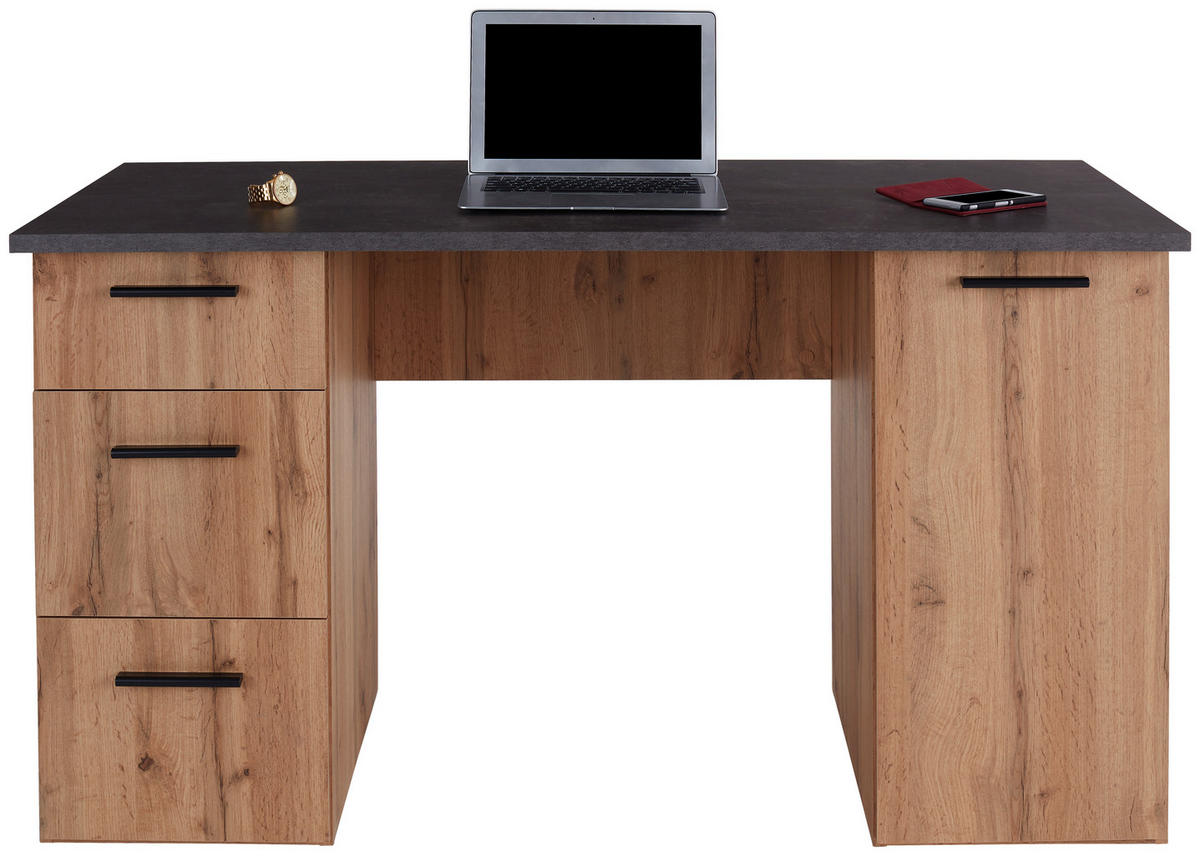 PISALNA MIZA leseni material barve hrasta  - barve hrasta/barve aluminija, Moderno, umetna masa/leseni material (138/76/60cm) - Carryhome