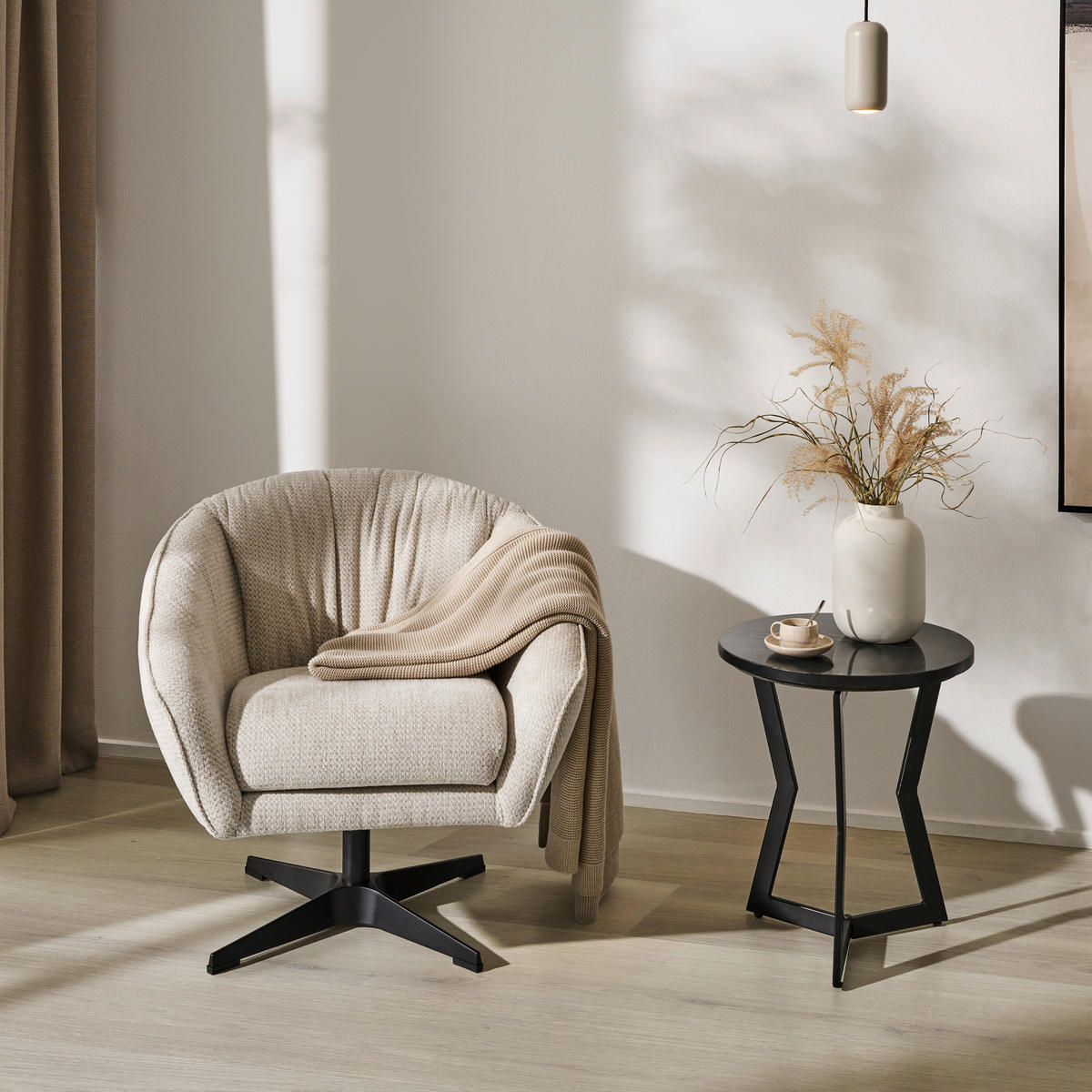SESSEL in Chenille Naturfarben  - Schwarz/Naturfarben, Design, Textil/Metall (80/78/80cm) - Stylife