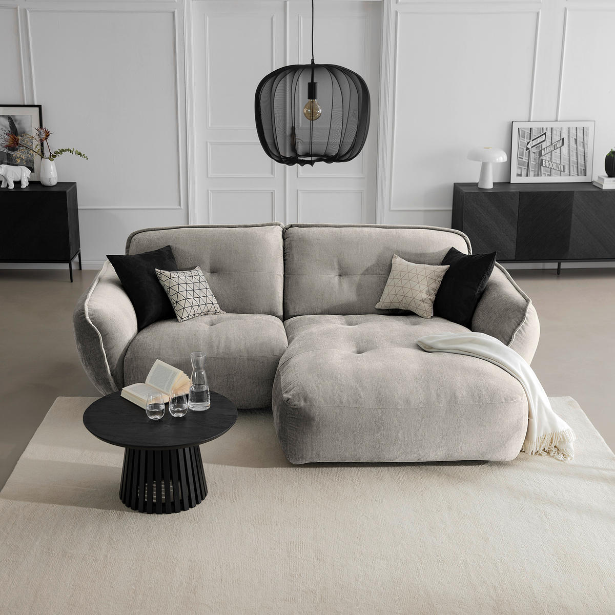 ECKSOFA in Chenille Silberfarben  - Silberfarben/Schwarz, Modern, Kunststoff/Textil (269/184cm) - Trendmanufaktur