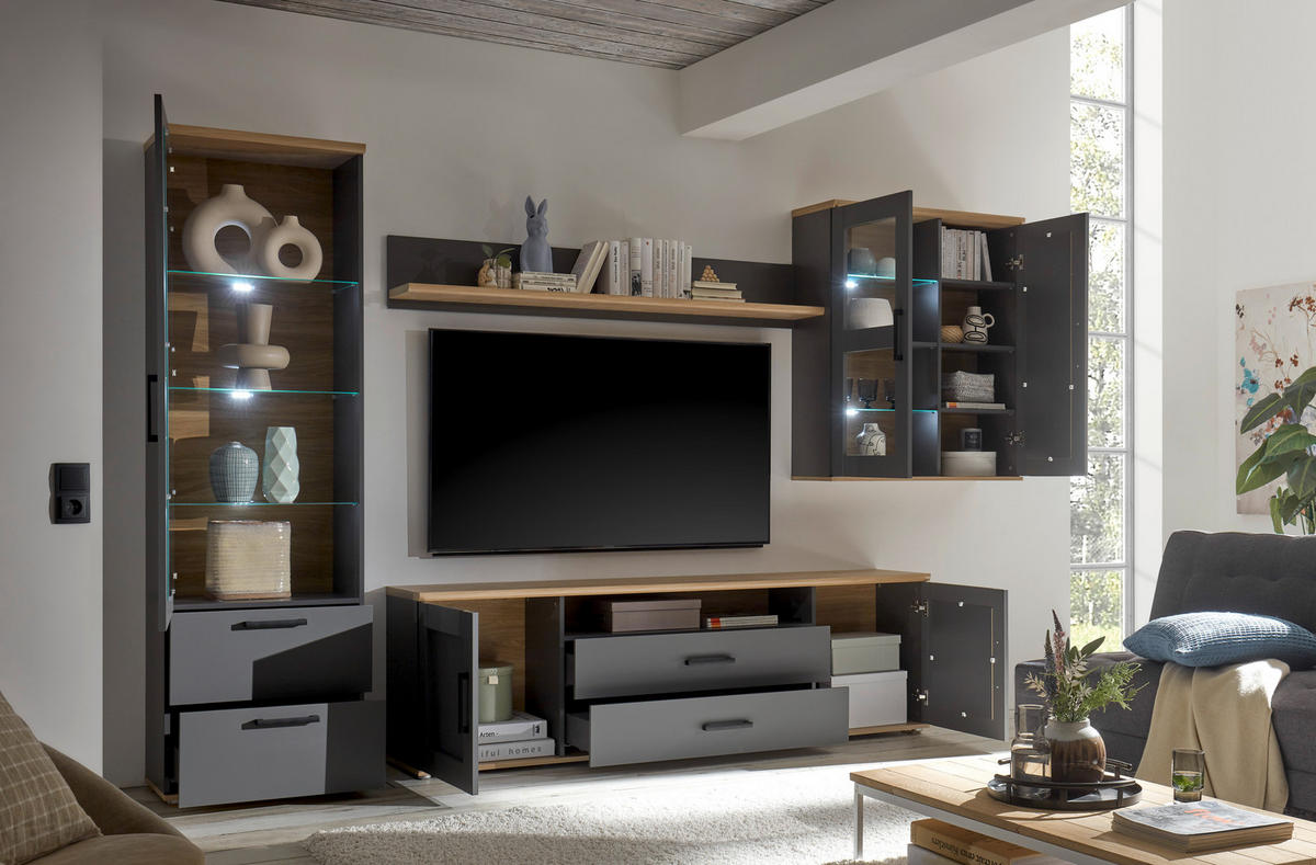 TV-ELEMENT siva, hrast artisan  - srebrne barve/siva, Trendi, umetna masa/leseni material (200/60/38cm) - Carryhome
