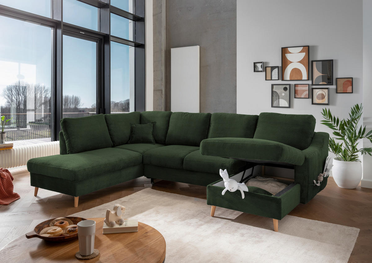 WOHNLANDSCHAFT in Cord Dunkelgrün  - Dunkelgrün/Naturfarben, Konventionell, Holz/Textil (200/301/150cm) - P & B