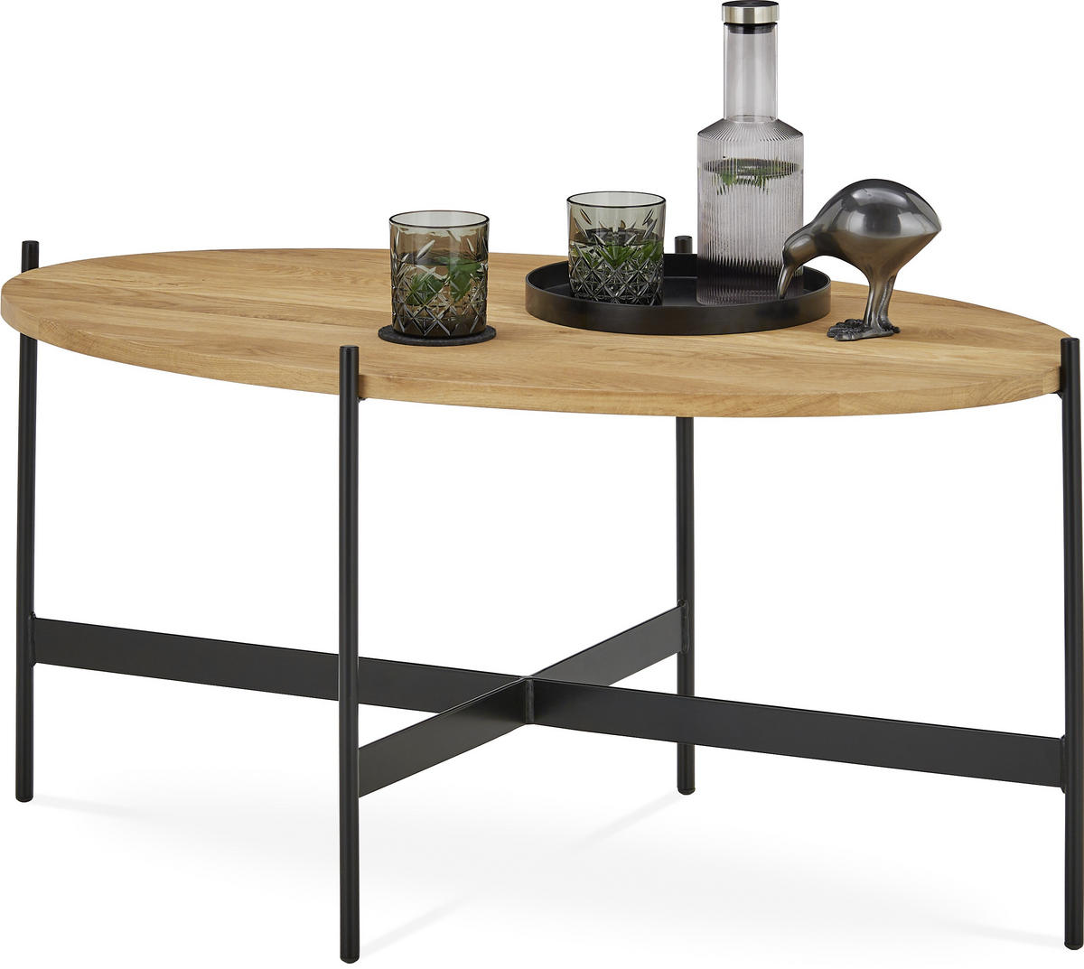 COUCHTISCH Eiche massiv 100/60/39 cm oval Schwarz, Eichefarben  - Eichefarben/Schwarz, Natur, Holz/Metall (100/60/39cm) - SetOne by Musterring