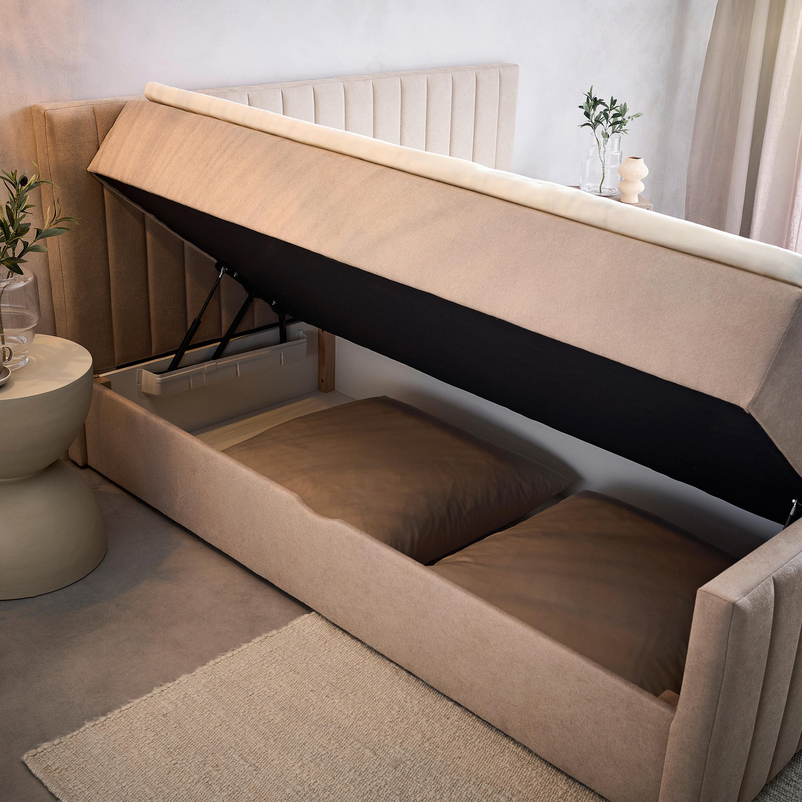 Thumbnail - Boxxx Boxbett, Beige, Textil, H3, Höhe ca. 25 cm, 140x200 cm, Bettkasten, gepolstertes Kopfteil, Topper durchgehend, in ...