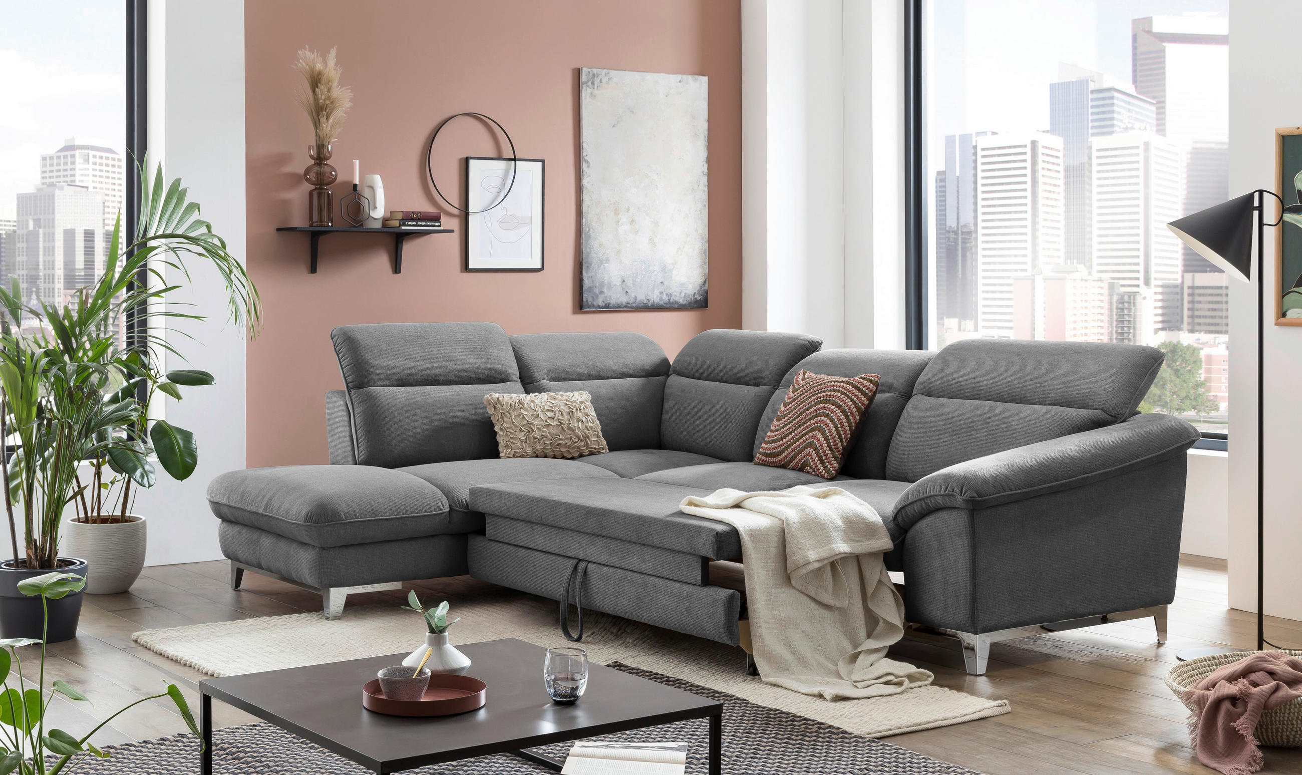 ECKSOFA Dunkelgrau Chenille  - Chromfarben/Dunkelgrau, Design, Textil/Metall (232/293cm) - Livetastic